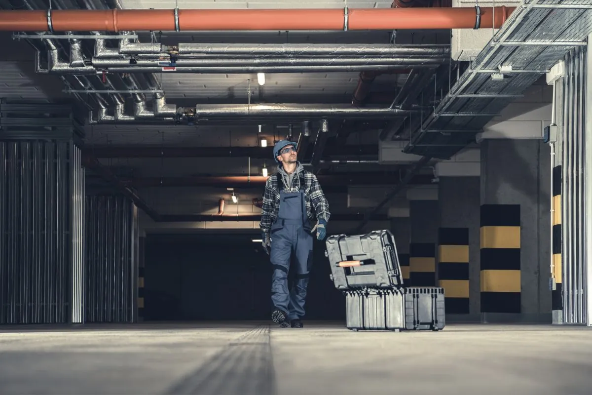 commercial plumbing technician walking along underground parking for inspection