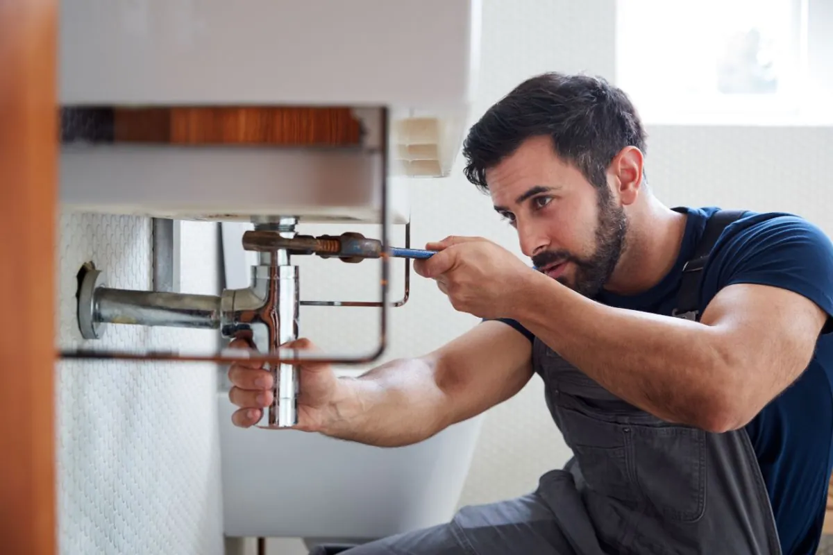 male plumber using wrench to fix leaking sink in bathroom