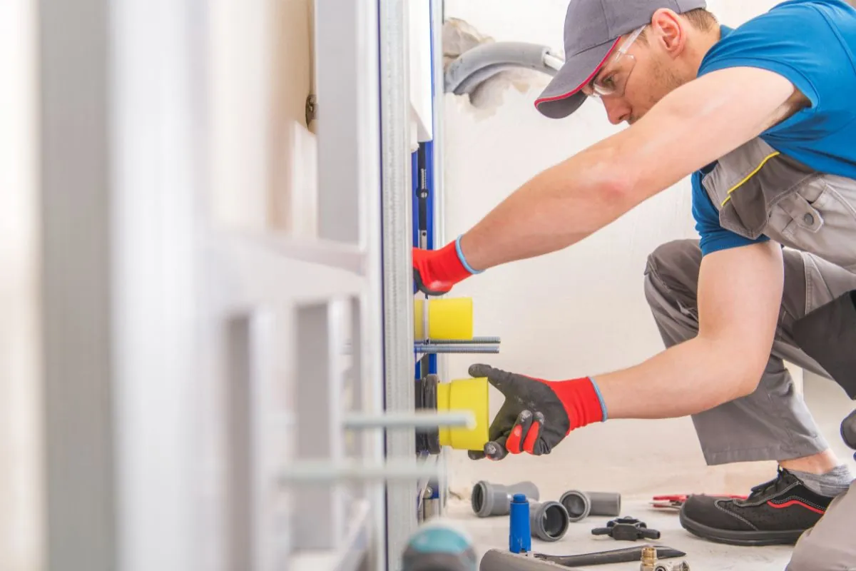 plumber installing office toilet bowl